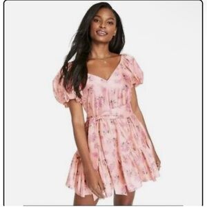 New Love Shack Fancy Target Cecile Puff Sleeve Satin Pink Floral Mini Dress 8